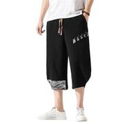 Vhersily 2025 - Pantalon japonais pour homme, court Taro en lin, vêtements traditionnels japonais avec cordon de serrage, été, décontracté, léger, de plage, pour Jogger Yoga Gym Trekking, O Noir