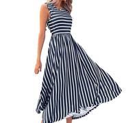 Vhersily 2025 Robe Fille Élégante, Robes de Printemps, Col Rond Côtelé, Sans Manches, Style Décontracté, Plissé, Rayé, Robe de Plage, Linge de Nuit de Mariée, Romantique, Marina, L