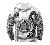 Vhersily 2025 Sweat à Capuche pour Homme Vikings Tattoo Mythologie Nordique 3D Viking Mythologie Nordique Viking Halloween Hip Hop Veste Punk Manches Longues Sportive Active Techwear Y2K pour Course