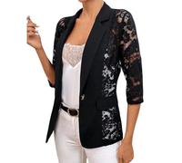 Vhersily 2026 Blazers Femmes en Maille de Dentelle écrasée Patchwork Blazer à Sept Manches avec Revers à la Mode Top Trendy Doux Chaud Manteau de Carnaval pour Maison Bureau, Noir , S