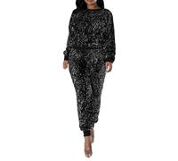 Vhersily 2026 Combinaison De Jogging Pour Femmes Avec Des Paillettes, Col rond, Longue Jambe Crayon 2 Pièces, Avec Brillant Automne Hiver Léger Rockabilly Party Cadeau Carnaval, gris foncé, M