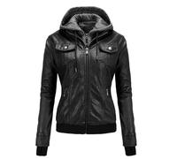 Vhersily 2026 Femmes Veste En Simili Cuir À Capuche Veste De Motard Avec Fermeture À Glissière Complète Manteau Plissé Top Chaud En Cuir De Mode Slim Bodycon Manteau Coupe Vent Classique, Noir , XL