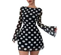 Vhersily 2026 Mini-robe à pois en maille à manches longues cloche et dos découvert robe courte transparente moulante Demoiselle Discothèque Vintage et Léger Curvy Robe Cadeau de Noël Nouvel An, Noir
