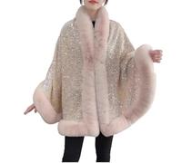Vhersily 2026 Poncho Paillettes Femmes Capes Tricoté Manteau Cape Paillettes Châle avec Col en Fourrure Synthétique Cardigan pour Fête de Mariage d'Hiver de Mariée à la Mode pour la Danse, beige