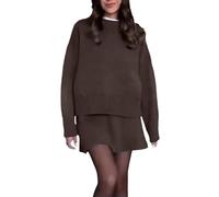 Vhersily 2026 Pull Femme Lâche Col Rond Mode Tricot Chaud Tops Rayés Pulls Base Fond Pull Automne Hiver Vintage Doux et Léger Pour Demi-Saisons Cadeau De Noël Nouvel An, Café, M