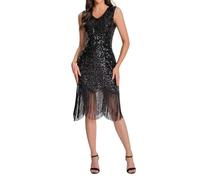 Vhersily 2026 Robes Années 20 Femmes avec Paillettes et Franges 1920s Robe Charleston Thème Flapper Robe Slim Fit Tempérament Vêtements pour Nouvel An Rave Dancewear 20s Rock Anniversaire, B Noir, M