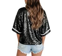 Vhersily 2026 T-shirt Femme avec Paillettes, à Manches Courtes, Charmant Graphique Rugby Print Tees Top Loose Fit Chemisiers Discothèque Doux et Léger Costumes Carnaval Cadeau Nouvel An Noël, Noir