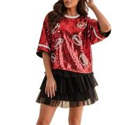 Vhersily 2026 T-shirt Femme avec Paillettes, à Manches Courtes, Charmant Graphique Rugby Print Tees Top Loose Fit Chemisiers Discothèque Doux et Léger Costumes Carnaval Cadeau Nouvel An Noël, rouge, M