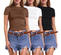 Vhersily 3 pièces T-shirt pour femme à manches courtes moulantes décontracté T-shirt d'été col rond Slim Court Tops couleur unie Basic Y2K T-shirt pour Hip-Hop Gym, polyvalent combiné avec short, Café