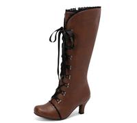 Vhersily Black Friday Bottines pour femme avec talon - victorien, vintage, gothique, lacets en cuir, à bout classique, demi-jambe, style médiéval, rétro à la cheville pour mariage, marron, 34