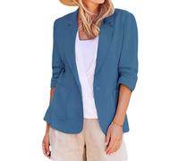Vhersily Blazer d'été pour femme en coton et lin, léger, couleur unie, avec poches élastiquées, élégant tempérament, manches 3/4, un bouton, Slim Fit, Business Casual, Curvy, printemps frais, bleu, L