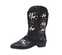 Vhersily Bottes de cowboy brodées pour femme, talon bloc, mi-mollet, chaudes, classiques, bottes de motard montagne western cowboy, hautes confortables, semelle souple antidérapante, Noir , 40 EU