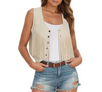 Vhersily Cardigan À Franges Femmes Faux Suède Ouvert Avant Vintage Sans Manches 70 Vêtements Hippie Boho Manteau Western Swing Automne Classique à la Mode pour Carnaval, Blanc, S