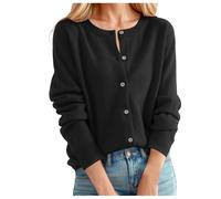 Vhersily Cardigan pour femme en laine mérinos, col rond de couleur unie en tricot fin, pull de style collège, pour les demi-saisons, automne et hiver, doux et chaud, pour mariage, Noir , S