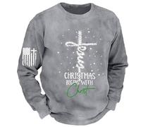 Vhersily Christmas Begins with Christ Sweatshirt homme drôle chrétien Noël Top Foi impression croix pull à manches longues inspirateur religieux Dieu Chemises de loisirs cadeau de Noël, gris clair