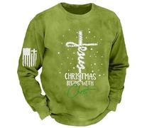 Vhersily Christmas Begins with Christ Sweatshirt homme drôle chrétien Noël Top Foi impression croix pull à manches longues inspirateur religieux Dieu Chemises de loisirs cadeau de Noël, vert, S