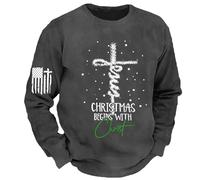 Vhersily Christmas Begins with Christ Sweatshirt homme drôle chrétien Noël Top Foi impression croix pull à manches longues inspirateur religieux Dieu Chemises de loisirs cadeau de Noël, gris, S
