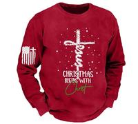 Vhersily Christmas Begins with Christ Sweatshirt homme drôle chrétien Noël Top Foi impression croix pull à manches longues inspirateur religieux Dieu Chemises de loisirs cadeau de Noël, rouge, S