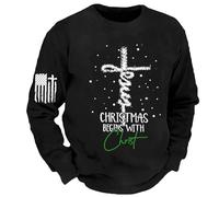 Vhersily Christmas Begins with Christ Sweatshirt homme drôle chrétien Noël Top Foi impression croix pull à manches longues inspirateur religieux Dieu Chemises de loisirs cadeau de Noël, Noir , S