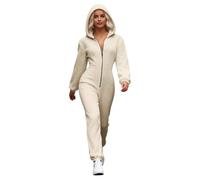 Vhersily Combinaison en polaire pour femme en peluche de couleur unie douce pour l'hiver chaud en peluche à capuche sexy confort de nuit confortable salon de nuit cadeau de la Saint-Valentin, beige
