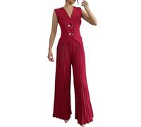 Vhersily Combinaison pour femme pour fête de mariage - longue avec col en V, sans manches, ensemble pour invité de mariage en 2 pièces avec gilet et pantalon, style d'affaires, poches, habillement