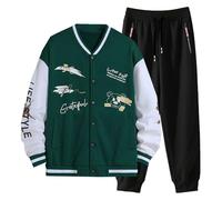 Vhersily Combinaison pour hommes 2 pièces Style Collège Ensemble Bomber Et Pantalon De Jogging Avec Patchs Et Imprimés Complet Tracksuit Survêtements de gymnastique Y2K Hip Hop Survêtements de sport