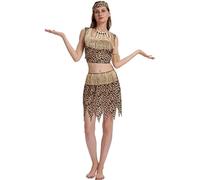 Vhersily Costume de jungle pour femme, pour Cosplay, âge de pierre, léopard indien, caftan, bandana et jambières Wilma Style de base Vintage Rave Party Clubwear Curvy Costumes Carnaval, Marron 9