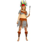 Vhersily Costume de jungle pour femme, pour Cosplay, âge de pierre, léopard indien, caftan, bandana et jambières Wilma Style de base Vintage Rave Party Clubwear Curvy Costumes Carnaval, Marron 6