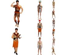 Vhersily Costume de Jungle pour homme, pour Cosplay, Age de pierre, Léopard Indien, Caftan, Bandana et Jambières Costume de carnaval Wilma Style Basic Vintage Rave Party Clubwear, Marron 1, Taille