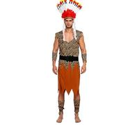 Vhersily Costume de Jungle pour homme, pour Cosplay, Age de pierre, Léopard Indien, Caftan, Bandana et Jambières Costume de carnaval Wilma Style Basic Vintage Rave Party Clubwear, Marron 4, Taille