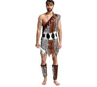 Vhersily Costume de Jungle pour homme, pour Cosplay, Age de pierre, Léopard Indien, Caftan, Bandana et Jambières Costume de carnaval Wilma Style Basic Vintage Rave Party Clubwear, Marron 9, Taille