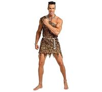 Vhersily Costume de Jungle pour homme, pour Cosplay, Age de pierre, Léopard Indien, Caftan, Bandana et Jambières Costume de carnaval Wilma Style Basic Vintage Rave Party Clubwear, Marron 5, Taille
