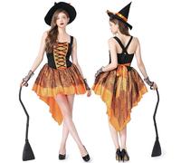 Vhersily Costume de sorcière pour adultes, robe Halloween, fête de cosplay, sans manches, avec volants, haut bas, chapeau, bracelets, confortable à nettoyer, clubs, Orange, S