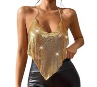 Vhersily Crop Top Métallique Femme - Sexy avec Paillettes Strass Dos Découvert Élégante Robe Scintillante Parties Coachella Discothèque pour Femmes, Or, L