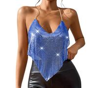 Vhersily Crop Top Métallique Femme - Sexy avec Paillettes Strass Dos Découvert Élégante Robe Scintillante Parties Coachella Discothèque pour Femmes, bleu, S