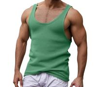 Vhersily Débardeur de sport pour homme, sans manches, séchage rapide, côtelé, fin, pour fitness, course, t-shirt fonctionnel, musculation en coton, polyvalent combiné avec short, vert, L