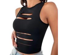 Vhersily Débardeur Femme Sans Manches Col Rond Débardeurs Femmes D'été Y2K Crop Top Court Cut Out Backless Corset Camisole Punk Rock Solide déchiré Crop Top, Noir , Medium