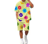 Vhersily Ensemble d'arc-en-ciel pour homme, costume LGBTQ, imprimé floral, T-shirt et shorts, 2 pièces, été, pour boule de discothèque, fête, carnaval, amusant et coloré, pour le jogging, jaune, XL