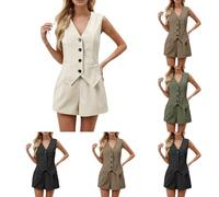 Vhersily Ensemble Deux Pièces Femme - Gilet Travail Robes D'été Sans Manches avec Boutons Jambe Large Shorts - Poches Blazer Ensemble Court Lounge, Kaki, L