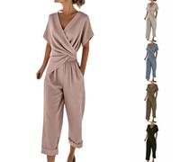 Vhersily Ensemble élégant d'été 2 pièces pour femme, ensemble à manches courtes et pantalon courbé, streetwear, jogging, promenade, décontracté, pyjama, gymnastique, pour usage quotidien et vacances à