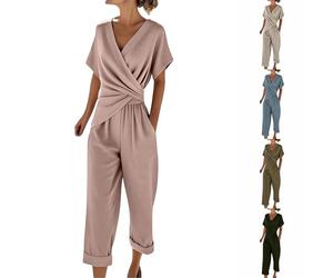 Vhersily Ensemble élégant d'été 2 pièces pour femme, ensemble à manches courtes et pantalon courbé, streetwear, jogging, promenade, décontracté, pyjama, gymnastique, pour usage quotidien et vacances à