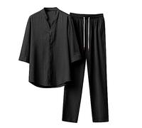 Vhersily Ensemble en Style Japonais en Gaze de Coton Kimono Ensemble de Méditation pour Homme avec Peignoir Japonais 2025, Chemise et Pantalon Court, Unisexe, Lin, Salon de Spa, Décontracté, Élégant