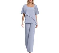 Vhersily Ensemble Femme Élégant en Chiffon Chemise à Manches Courtes et Pantalon 2 Pièces Set Taille Haute Grande Taille pour Cérémonie, Pour Temps Libre, Entraînement, pour Cocktail, Fêtes, Raffiné