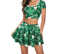 Vhersily Ensemble maxi jupe sexy pour femme 2 pièces St. Patrik's Day avec impression 3D Lucky Shamrock Clover, débardeur doux sans manches et jupes de la Saint-Patrick, parfait pour les fêtes de