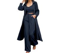 Vhersily Ensemble pour femme avec pantalon, 3 pièces, élégant chemisier en mousseline Y2K et pantalon ample en lin, long, à manches longues, à domicile, tenue d'automne, pour les demi-saisons, de