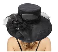 Vhersily Femmes Chapeau de Soleil Protection d'Été Femmes Plage Église Tendue Chapeaux de Mariée Cérémonie Organza Large avec Grande Fleur Élégante, Noir , Taille Unique