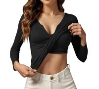 Vhersily Femmes Chemises À Manches Longues Avec Soutien-gorge Intégré Thermique Pour Le Froid Maillot Côtelé Col En V Haut De Yoga Y2K Slim Fit Cross Wrap Tie Chemises D'Entraînement De Couleur Unie