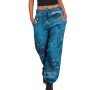 Vhersily Femmes Coton Harem Pantalon avec poches Hippie Ethnique Imprimé Taille Haute Confortable Baggy Indien Yoga Pants Boho Pantalon d'Été Plage pour Vacances Loose Fit pour Fêtes, Night Club, bleu