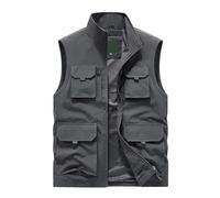 Vhersily Gilet d'été multi-poches en coton avec boutons, sans manches, fin et confortable, idéal pour la course, le cyclisme, la marche et le jogging, la nuit, la pêche à la truite dans l'étang, gris