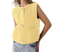 Vhersily Gilet en Tricot Femme, Pull Crochet Femme Gilets Percé Gros Travaillé avec Boutons Vert Débardeur Décontracté Col rond Cardigan Été Sans Manches Pull-over avec Poche, Ye2, S